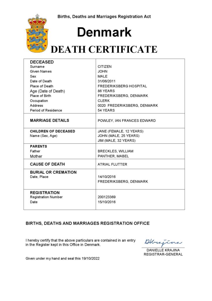 Denmark vital record death certificate Word and PDF template