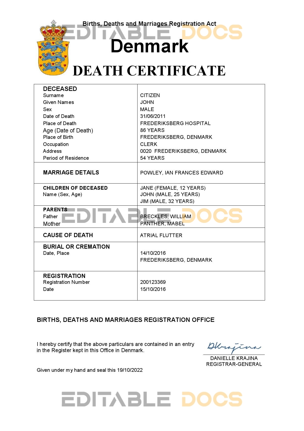 Fillable Denmark Death PDF Templates | Blank Docs