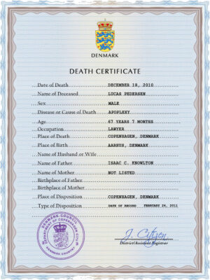Denmark vital record death certificate PSD template, fully editable