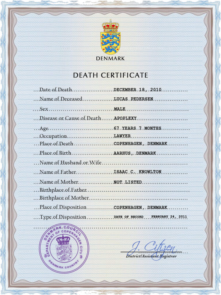 Denmark vital record death certificate PSD template, fully editable