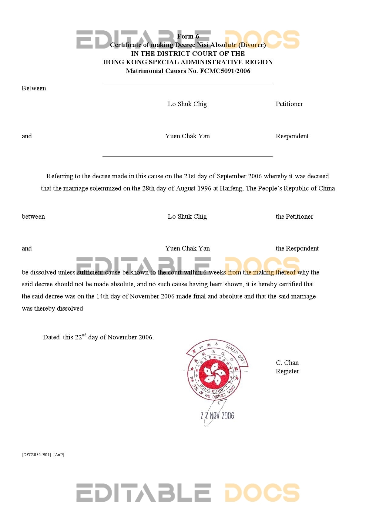 Easily Customize Hong Kong Divorce Certificate with Realistic word Templates