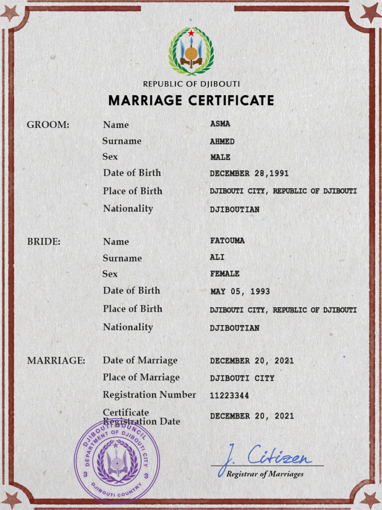 Djibouti Marriage Certificate Editable PSD Templates