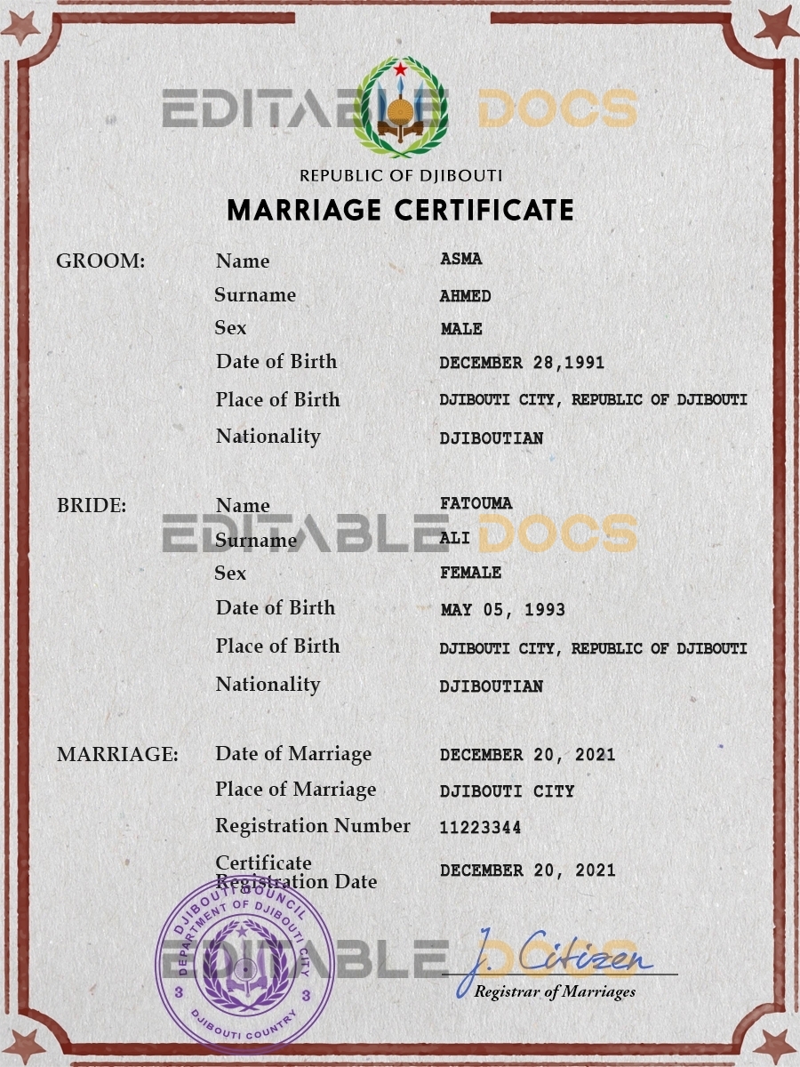 Djibouti Marriage Certificate | Editable PSD Templates