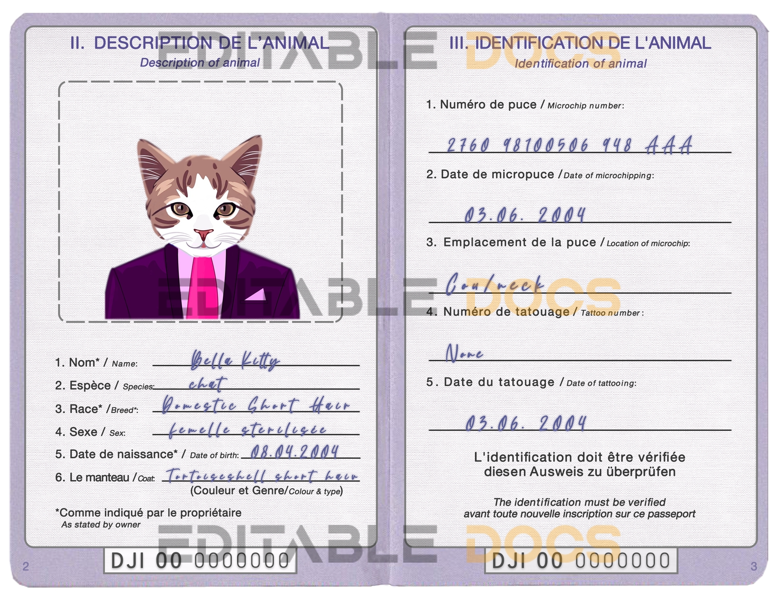 Djibouti cat Fake PSD Passport | Instant Download