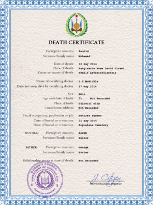 Djibouti death certificate PSD template, completely editable