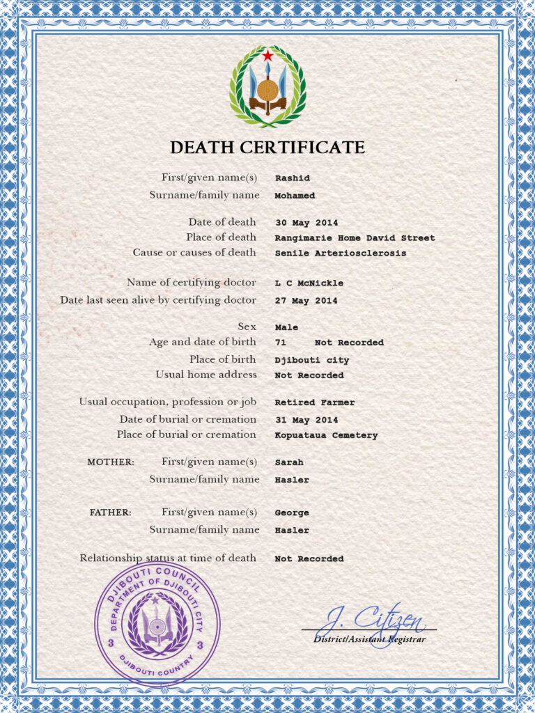 Djibouti death certificate PSD template, completely editable