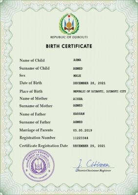 Authentic Djibouti Birth Certificate Template | Customize and Download Online