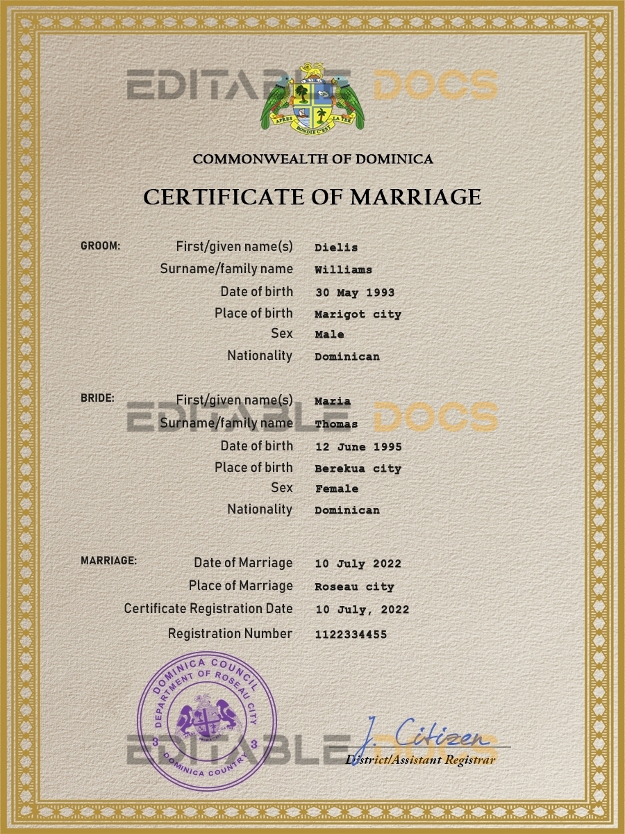 Dominica Marriage Certificate | Editable PSD Templates