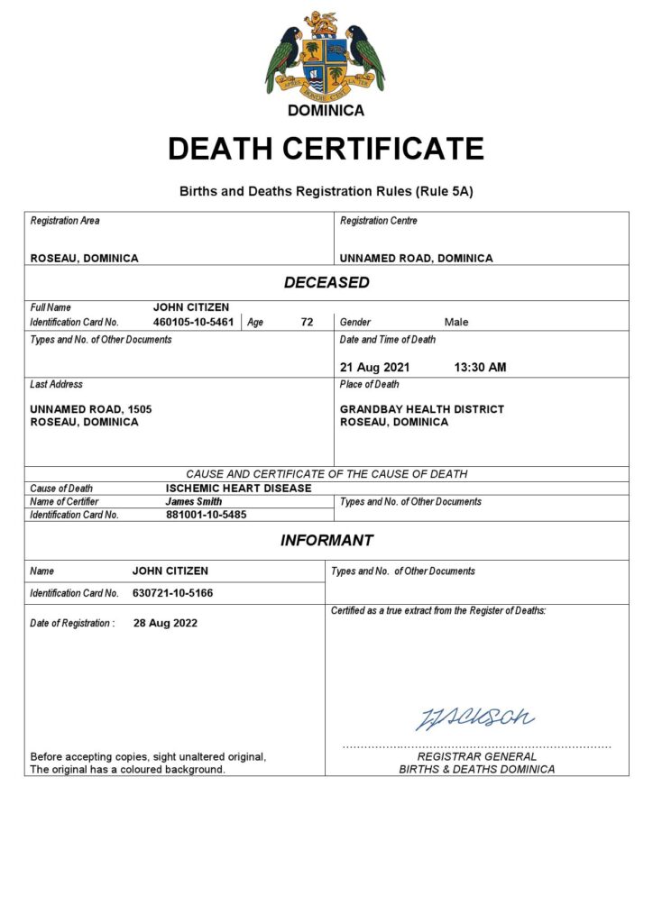 Dominica vital record death certificate Word and PDF template