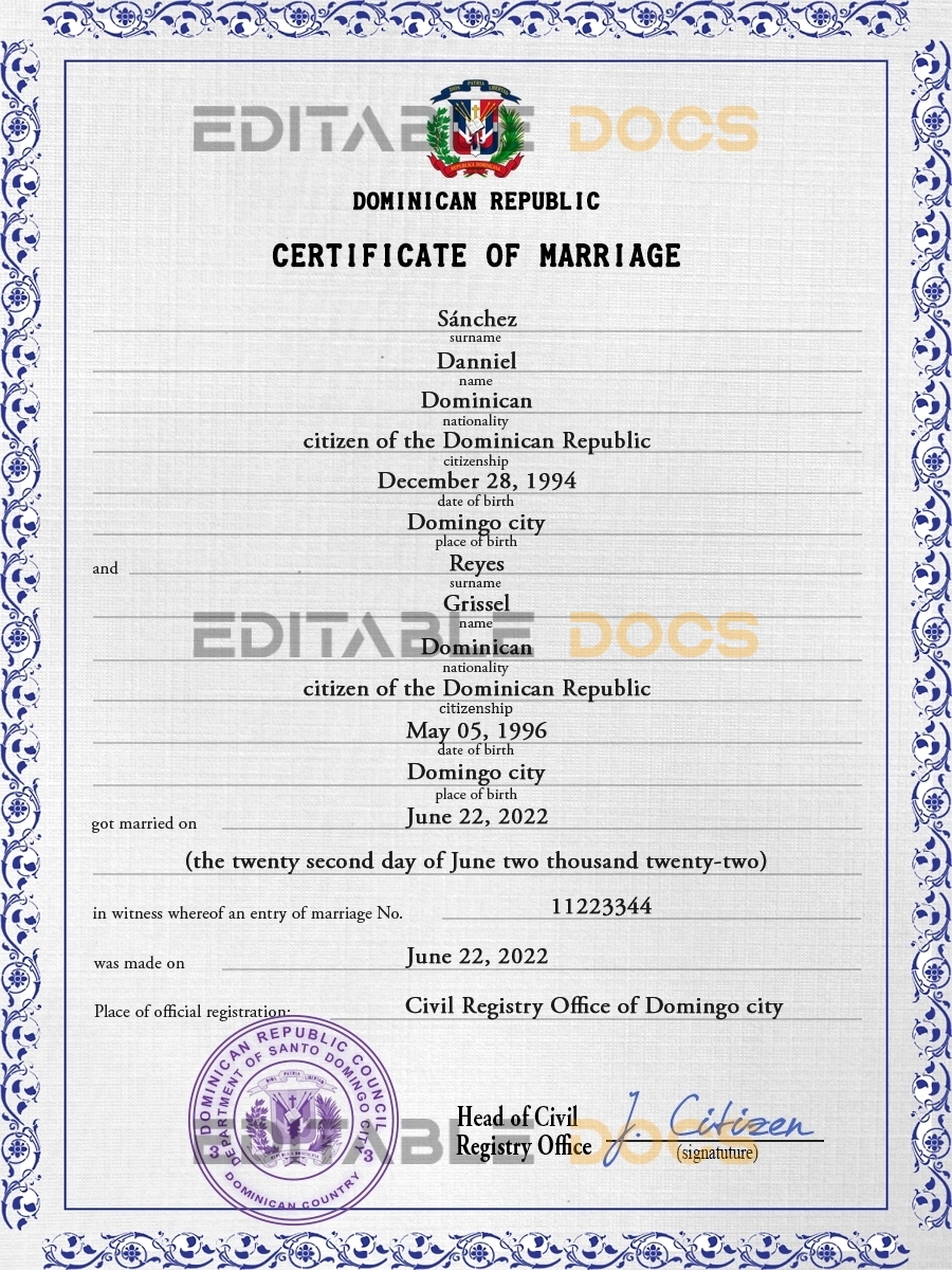 Dominican Republic Marriage Certificate | Editable PSD Templates