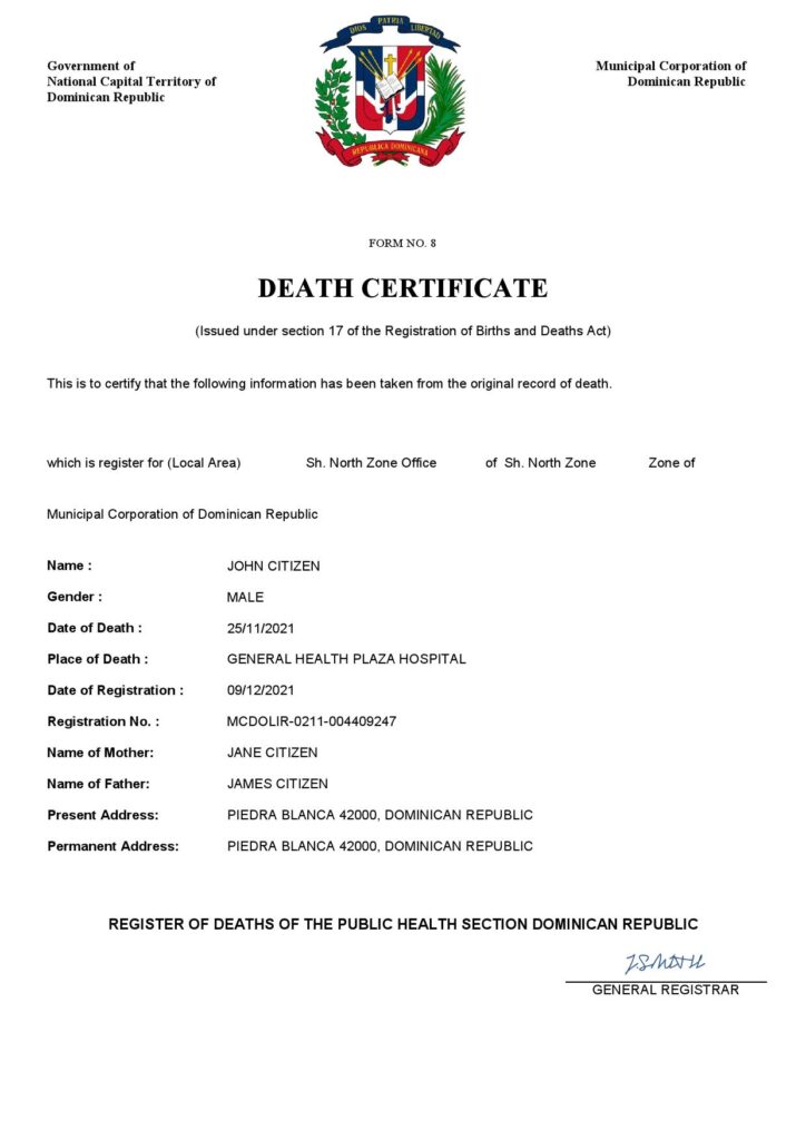 Dominican Republic death certificate Word and PDF template, completely editable