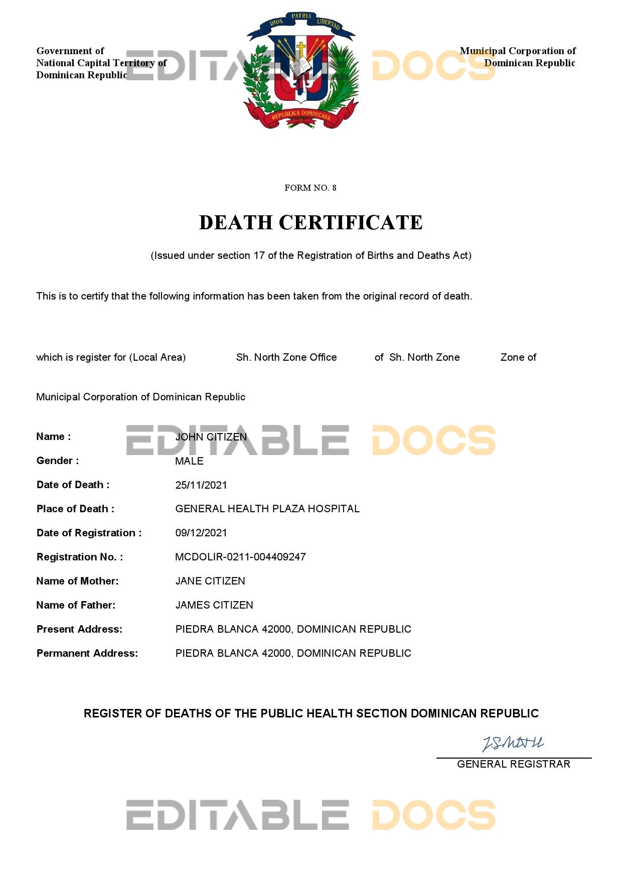 Fillable Dominican Republic Death PDF Templates | Blank Docs