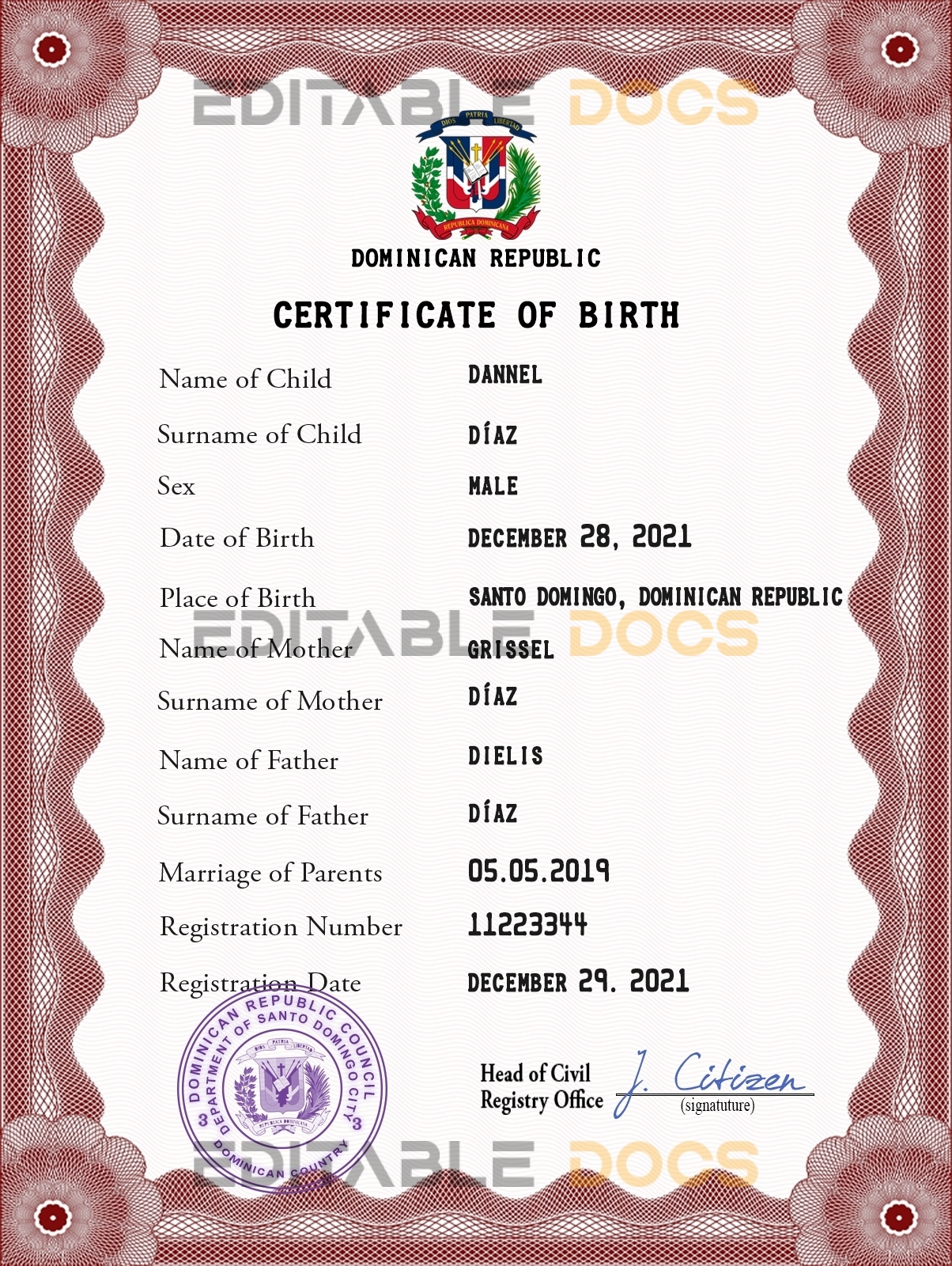 Authentic Dominican Republic Birth Certificate Template | Customize and Download Online