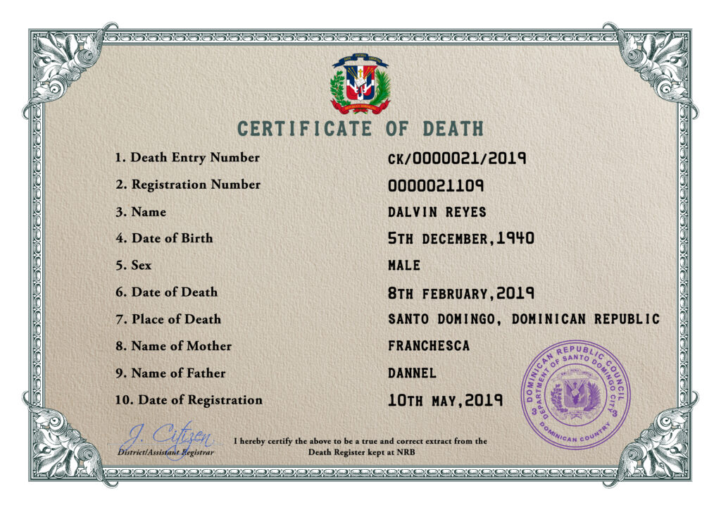 Dominican Republic vital record death certificate PSD template