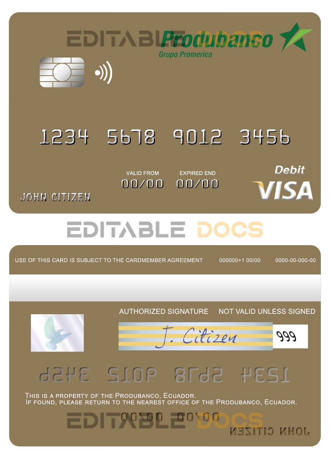 Editable Ecuador Produbanco visa debit card Templates in PSD Format