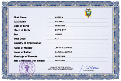 Ecuador birth certificate PSD template, completely editable