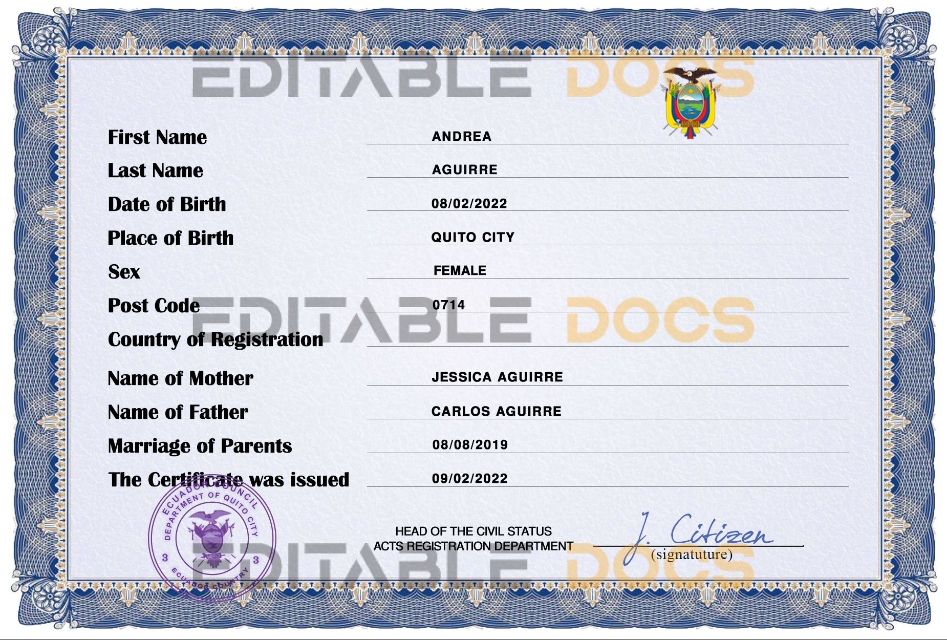 Authentic Ecuador Birth Certificate Template | Customize and Download Online