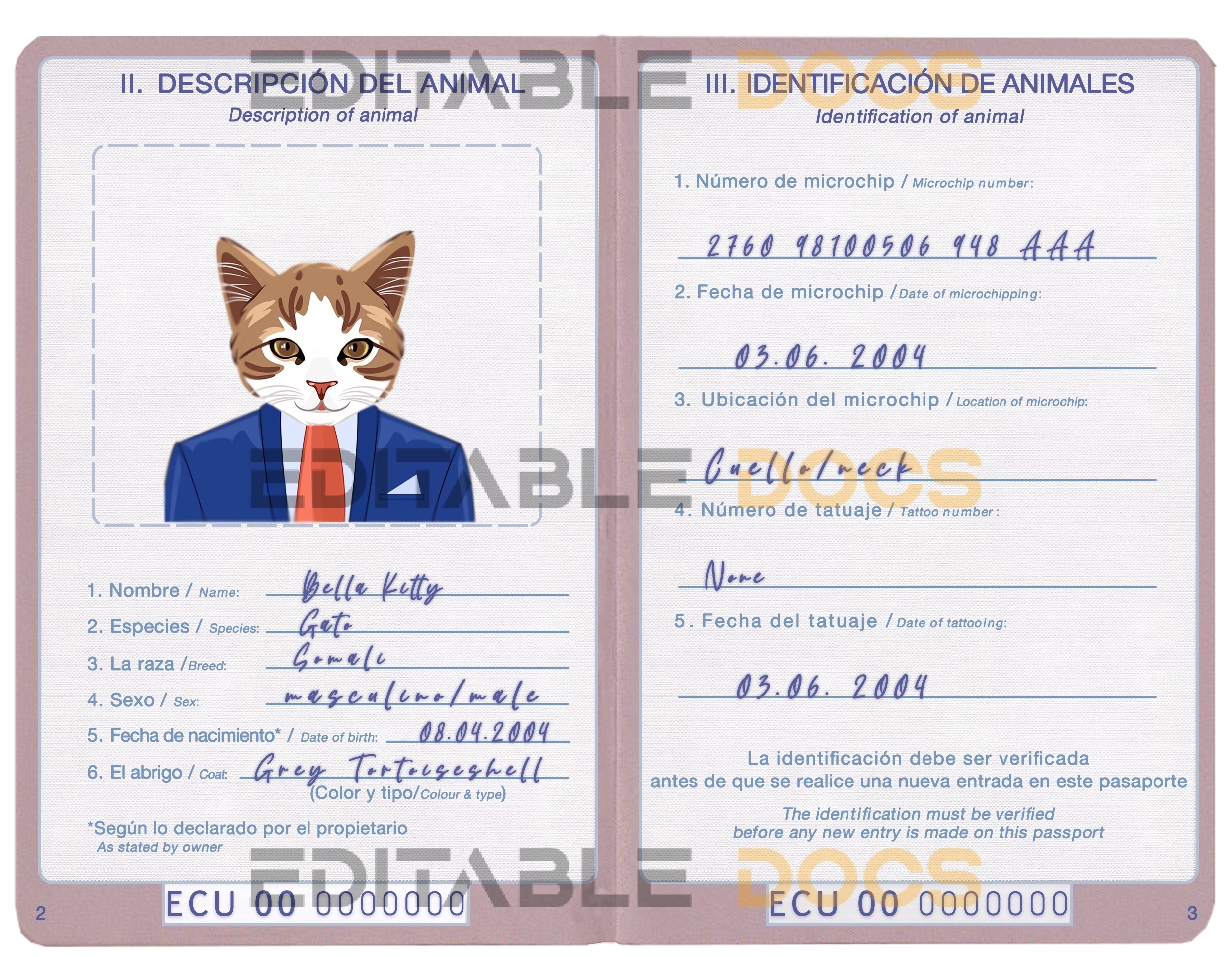 Ecuador cat Fake PSD Passport | Instant Download