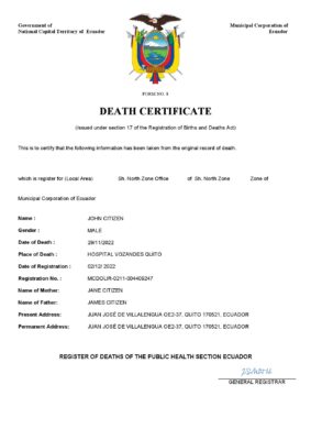 Ecuador vital record death certificate Word and PDF template
