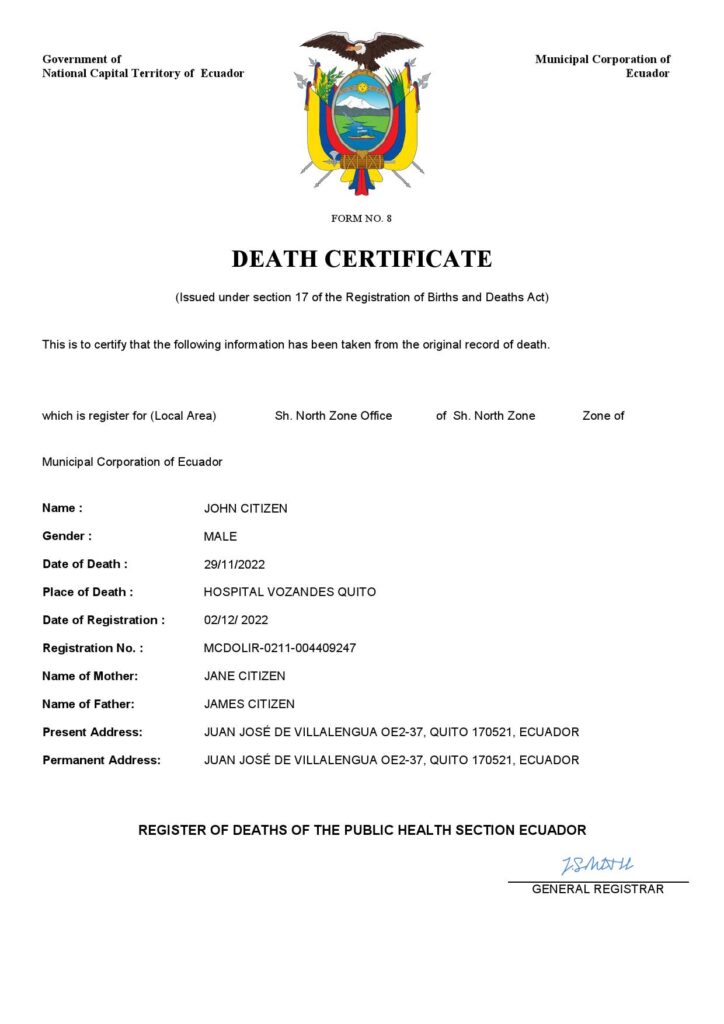 Ecuador vital record death certificate Word and PDF template