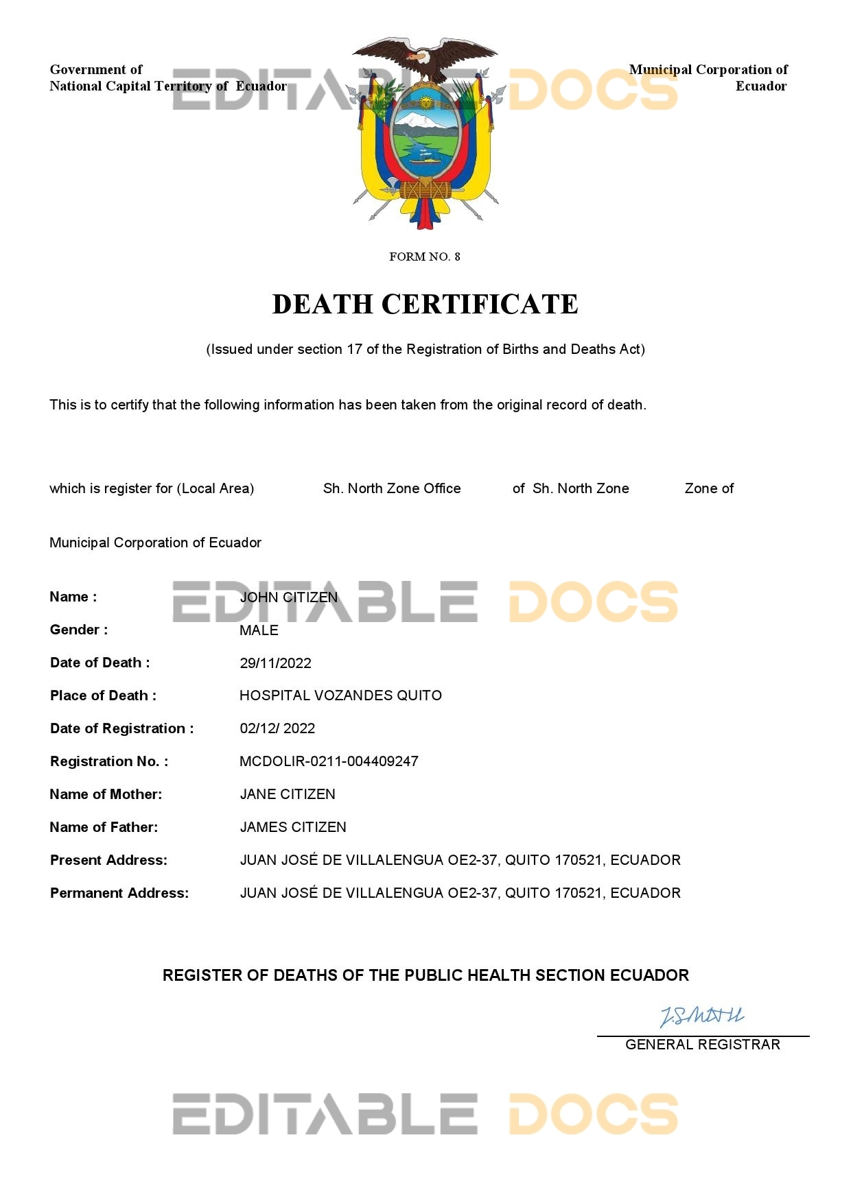 Fillable Ecuador Death PDF Templates | Blank Docs