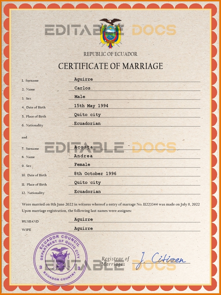 Ecuador Marriage Certificate | Editable PSD Templates