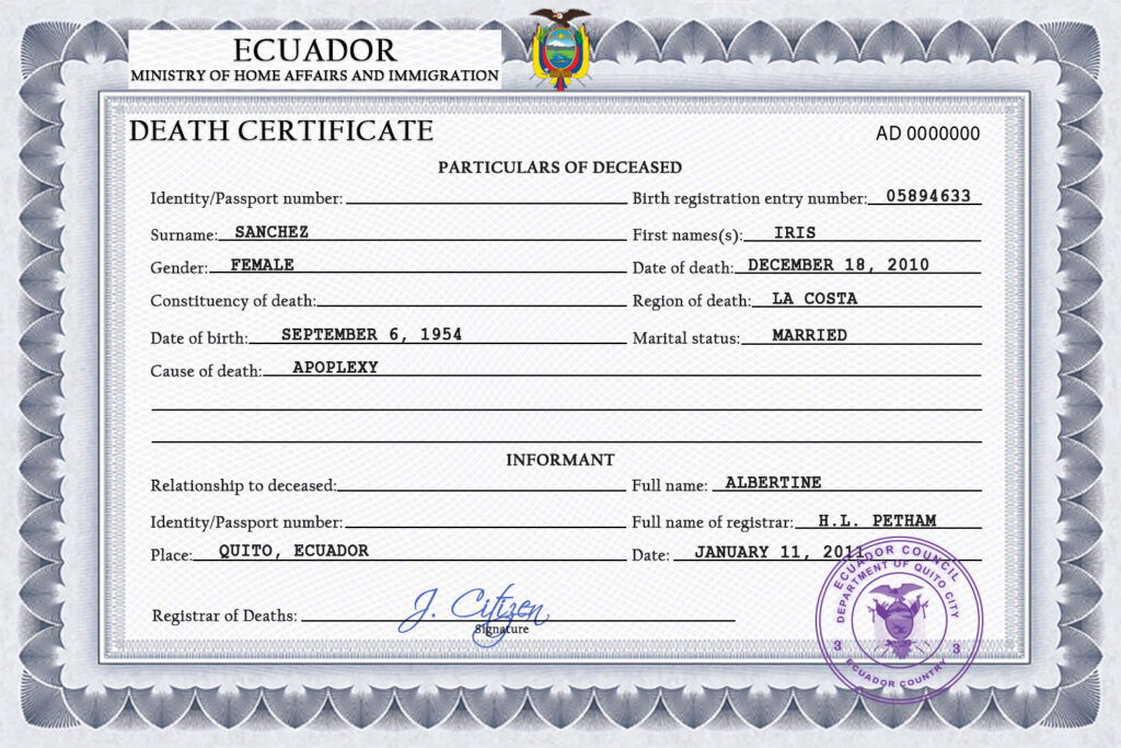 Ecuador vital record death certificate PSD template, completely editable