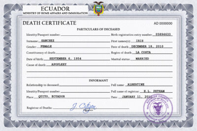 Ecuador vital record death certificate PSD template, completely editable