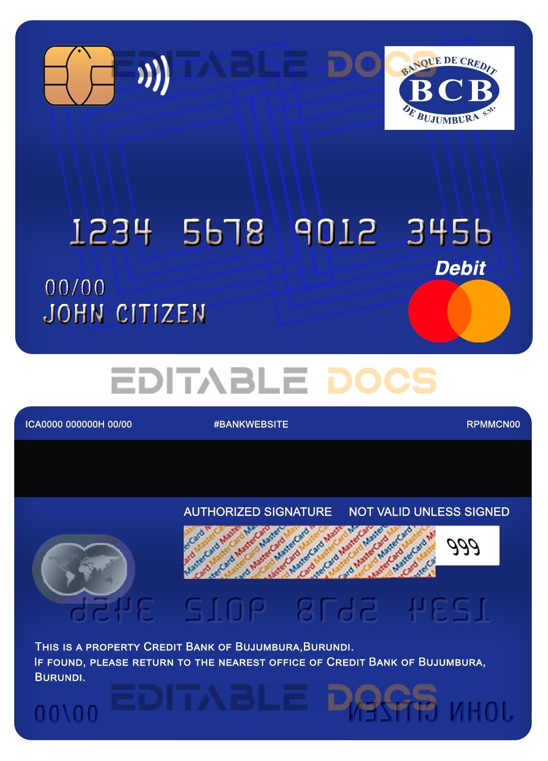 Editable Burundi Credit Bank of Bujumbura bank mastercard debit card Templates in PSD Format