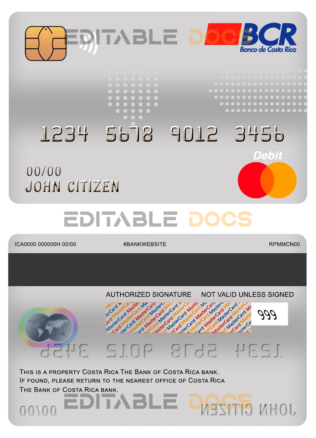 Editable Costa Rica The Bank of Costa Rica bank mastercard debit card Templates in PSD Format