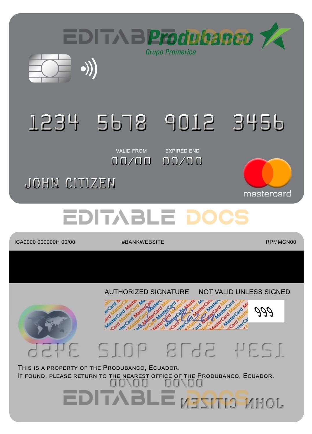 Editable Ecuador Produbanco mastercard Templates in PSD Format