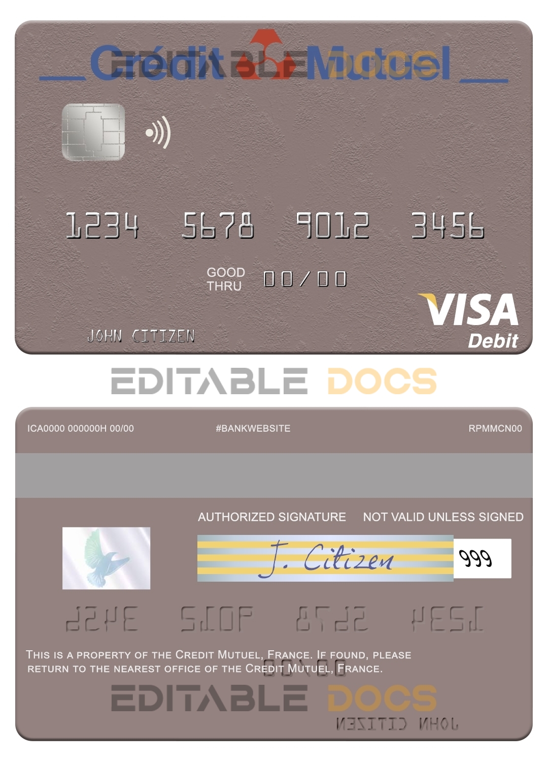 Editable France Credit Mutuel Bank visa debit card Templates in PSD Format