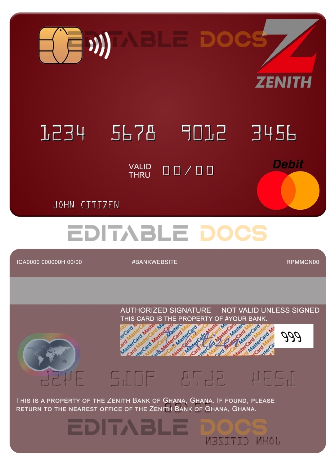 Editable Ghana Zenith Bank of Ghana mastercard Templates in PSD Format