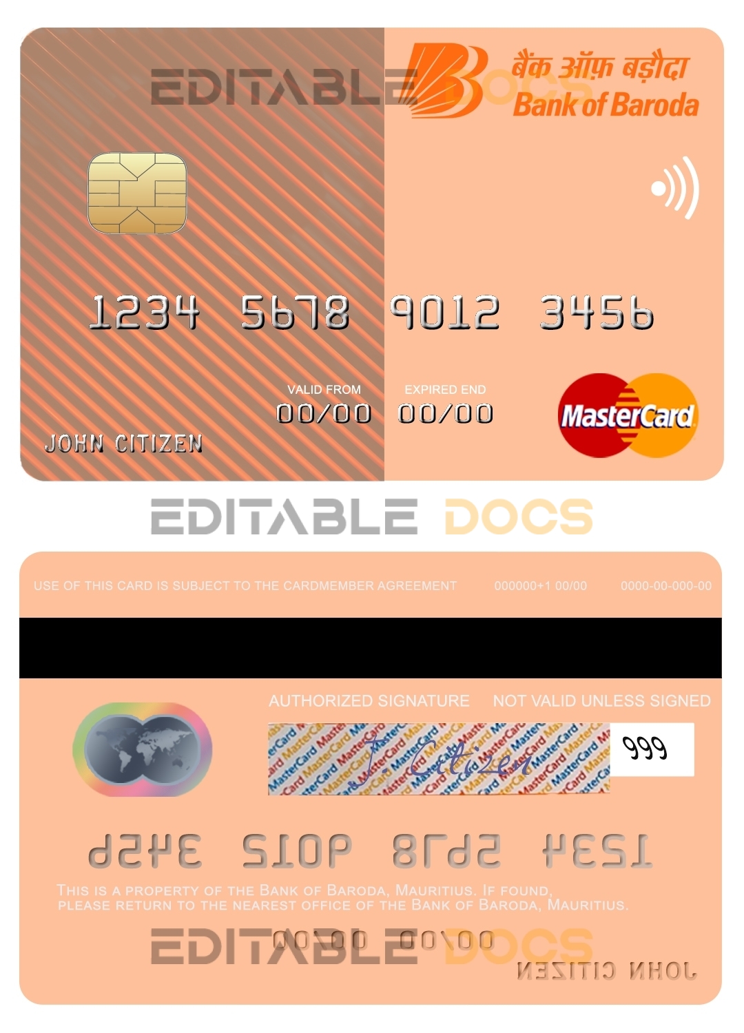 Editable Mauritius Bank of Baroda mastercard Templates in PSD Format