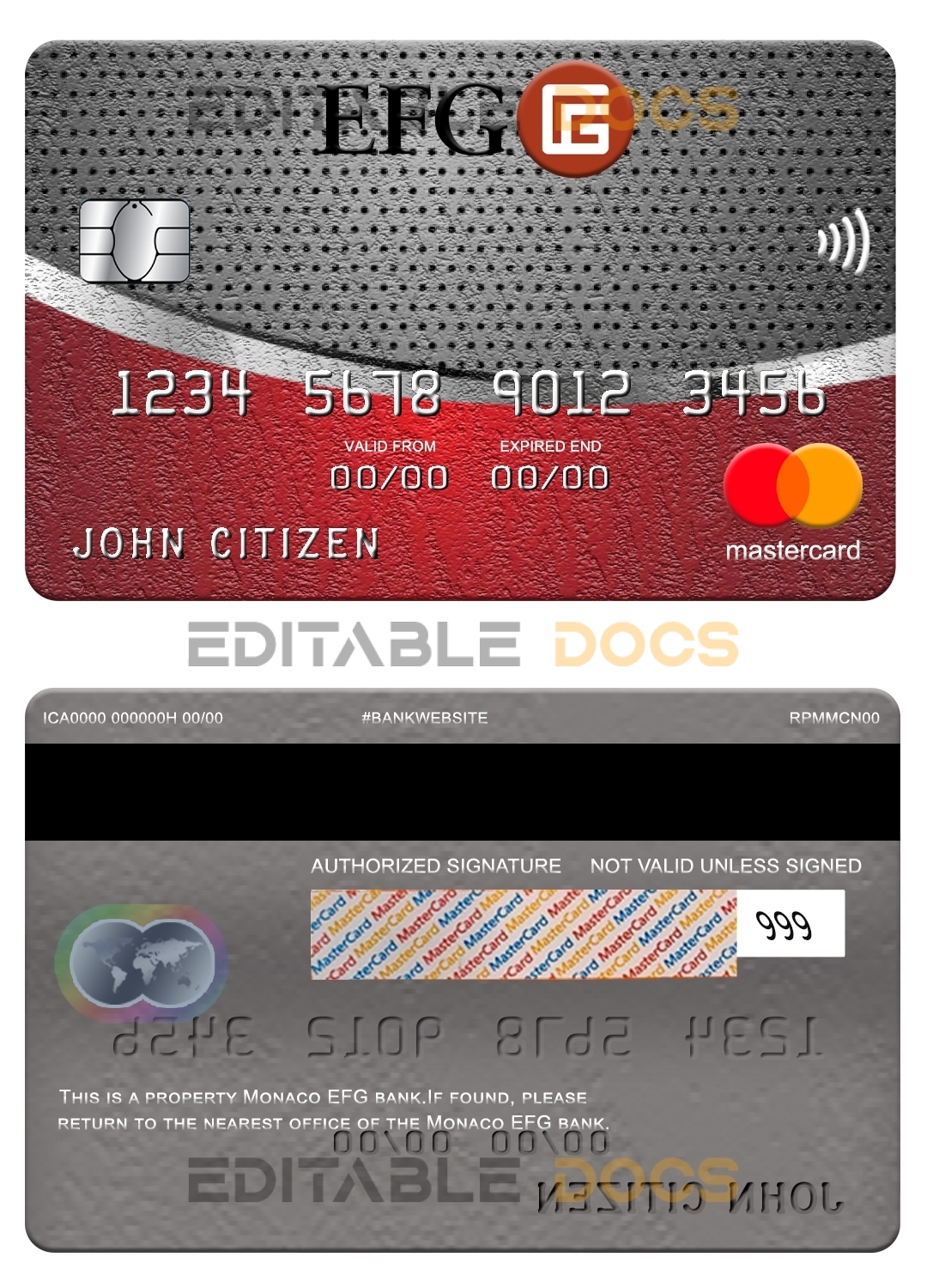 Editable Monaco EFG Bank mastercard Templates in PSD Format