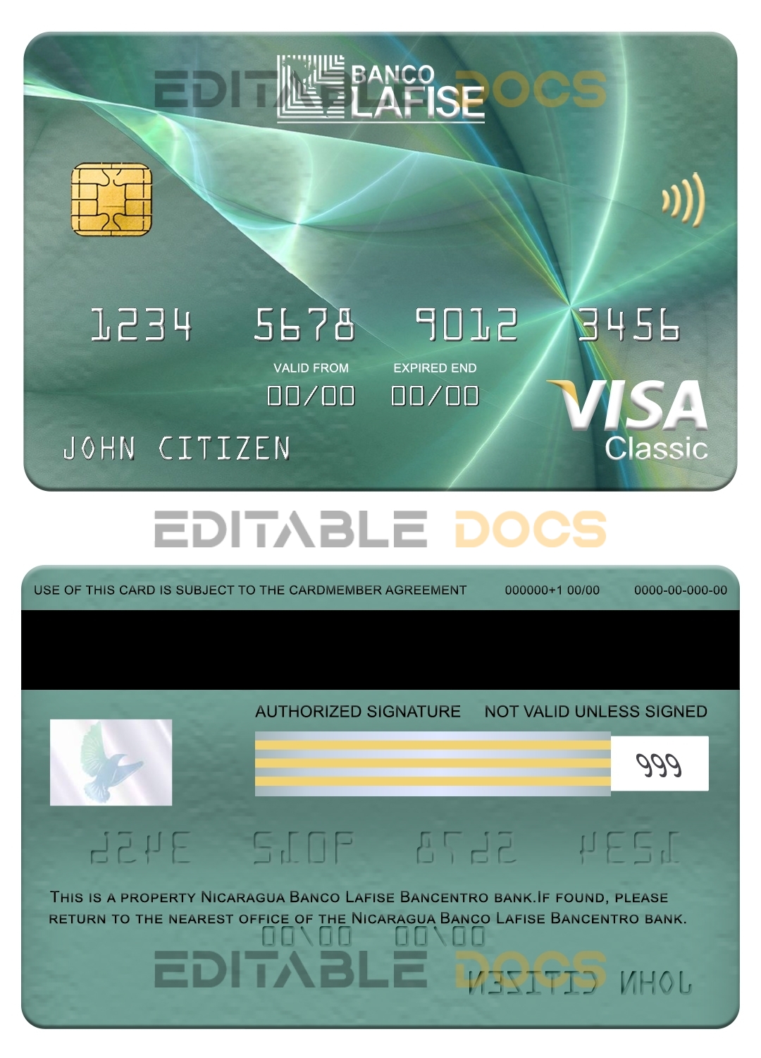 Editable Nicaragua Banco Lafise Bancentro bank visa classic card Templates in PSD Format