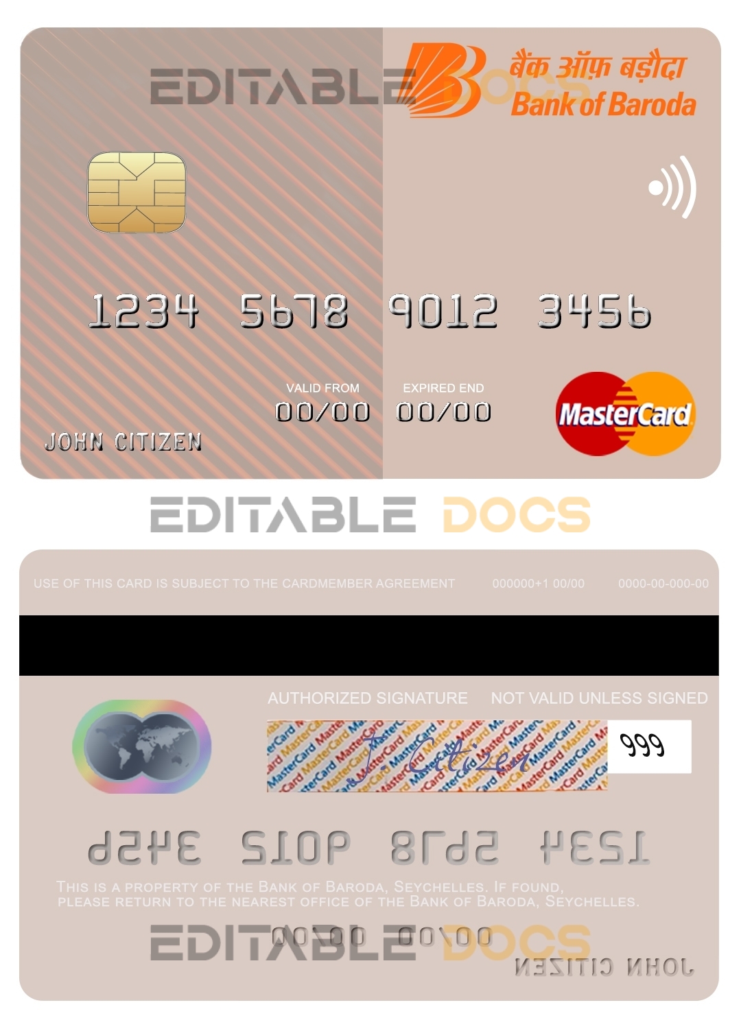 Editable Seychelles Bank of Baroda mastercard Templates in PSD Format