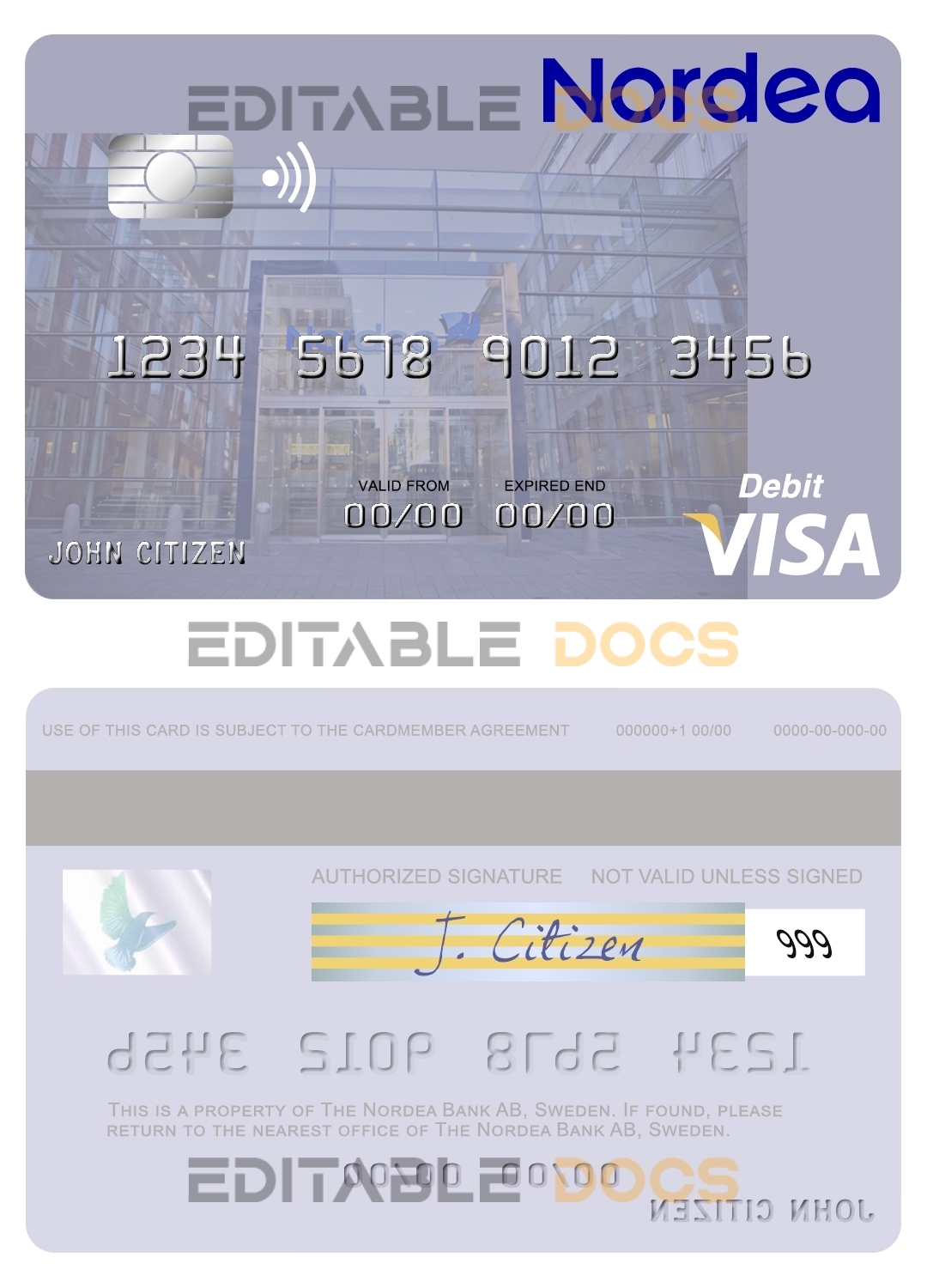 Editable Sweden Nordea Bank AB visa debit card Templates in PSD Format