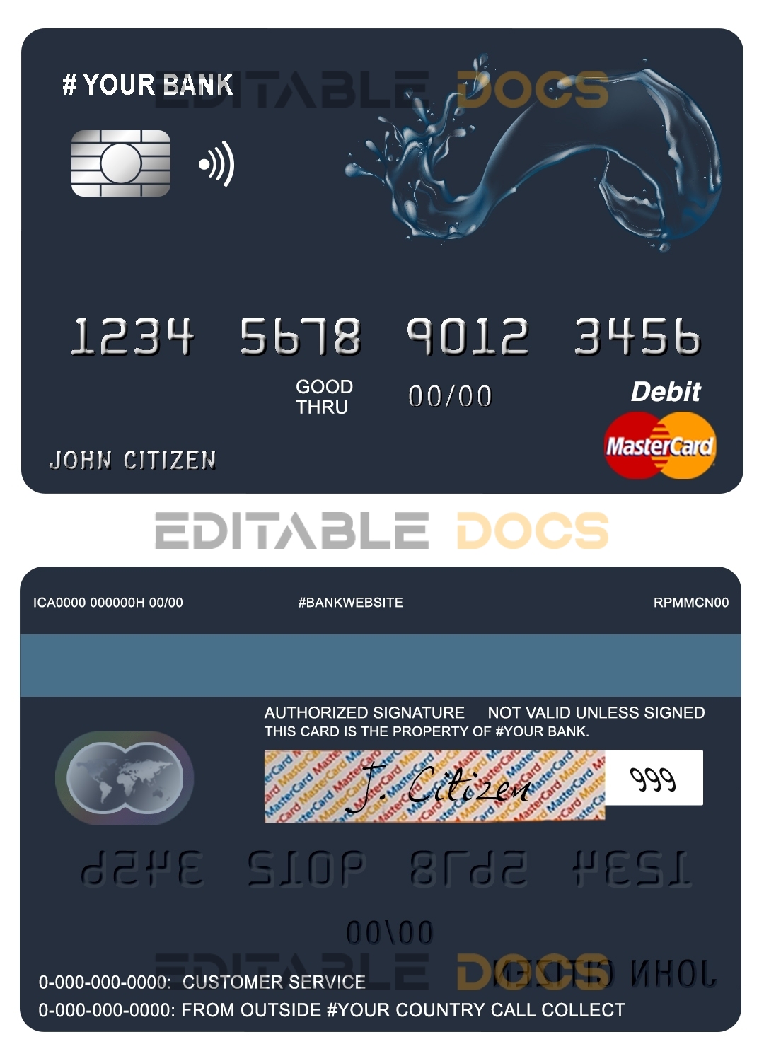 Editable action water universal multipurpose bank mastercard debit credit card Templates in PSD Format