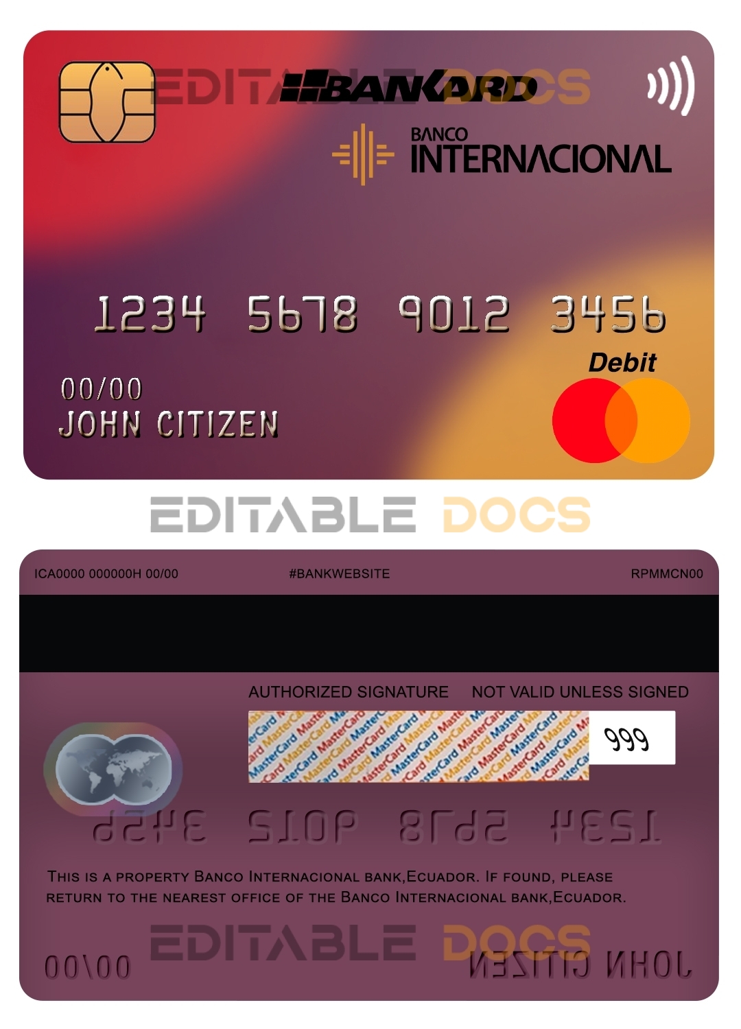 Editable banco internacional bank ecuador mastercard Templates in PSD Format