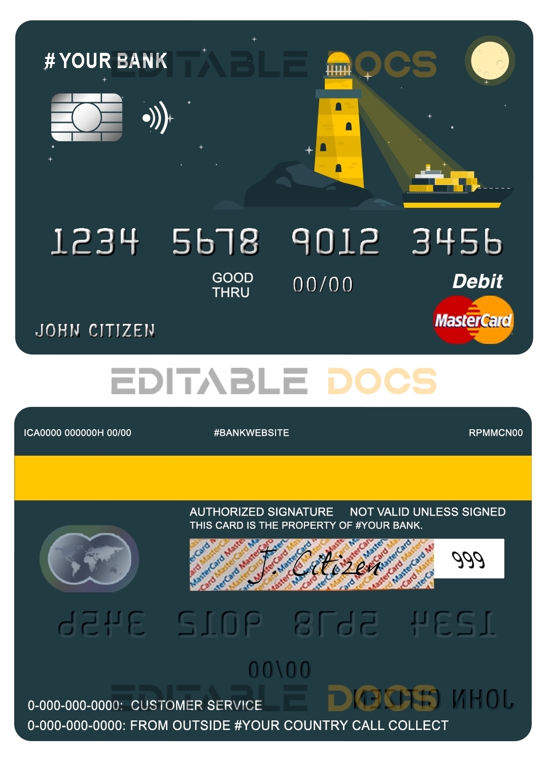 Editable bright lighthouse universal multipurpose bank mastercard debit credit card Templates in PSD Format