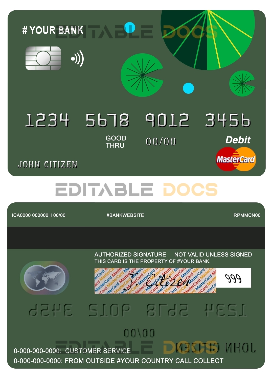 Editable budget green universal multipurpose bank mastercard debit credit card Templates in PSD Format