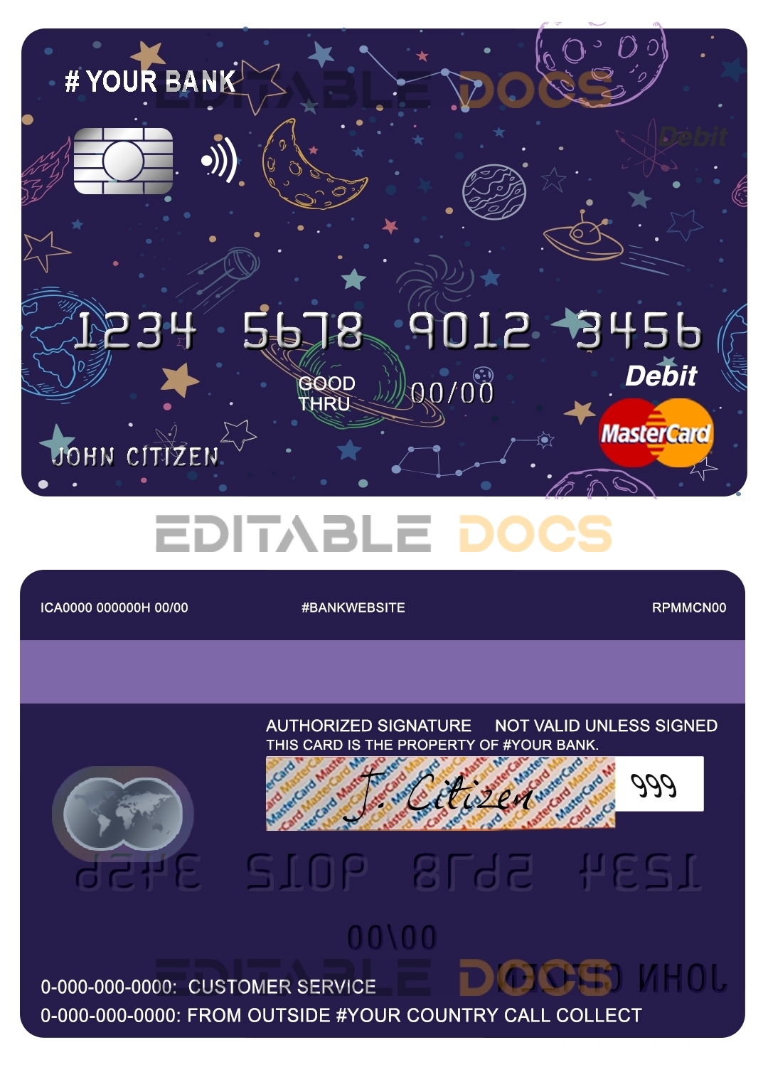 Editable creative space universal multipurpose bank mastercard debit credit card Templates in PSD Format