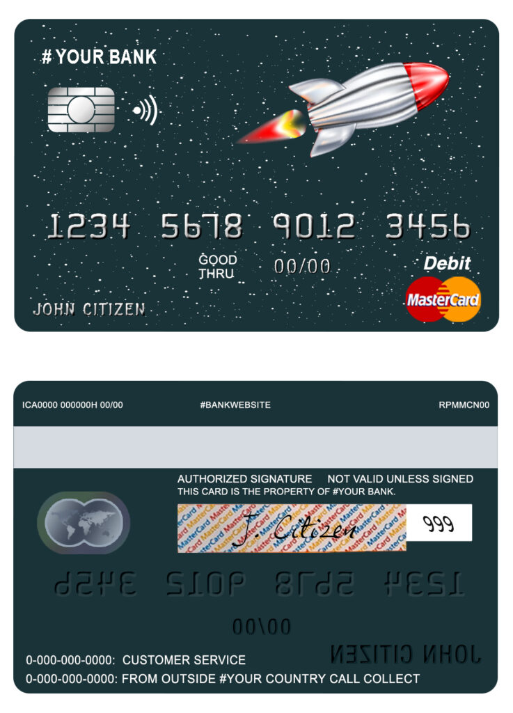 Editable direct rocket universal multipurpose bank mastercard debit credit card Templates