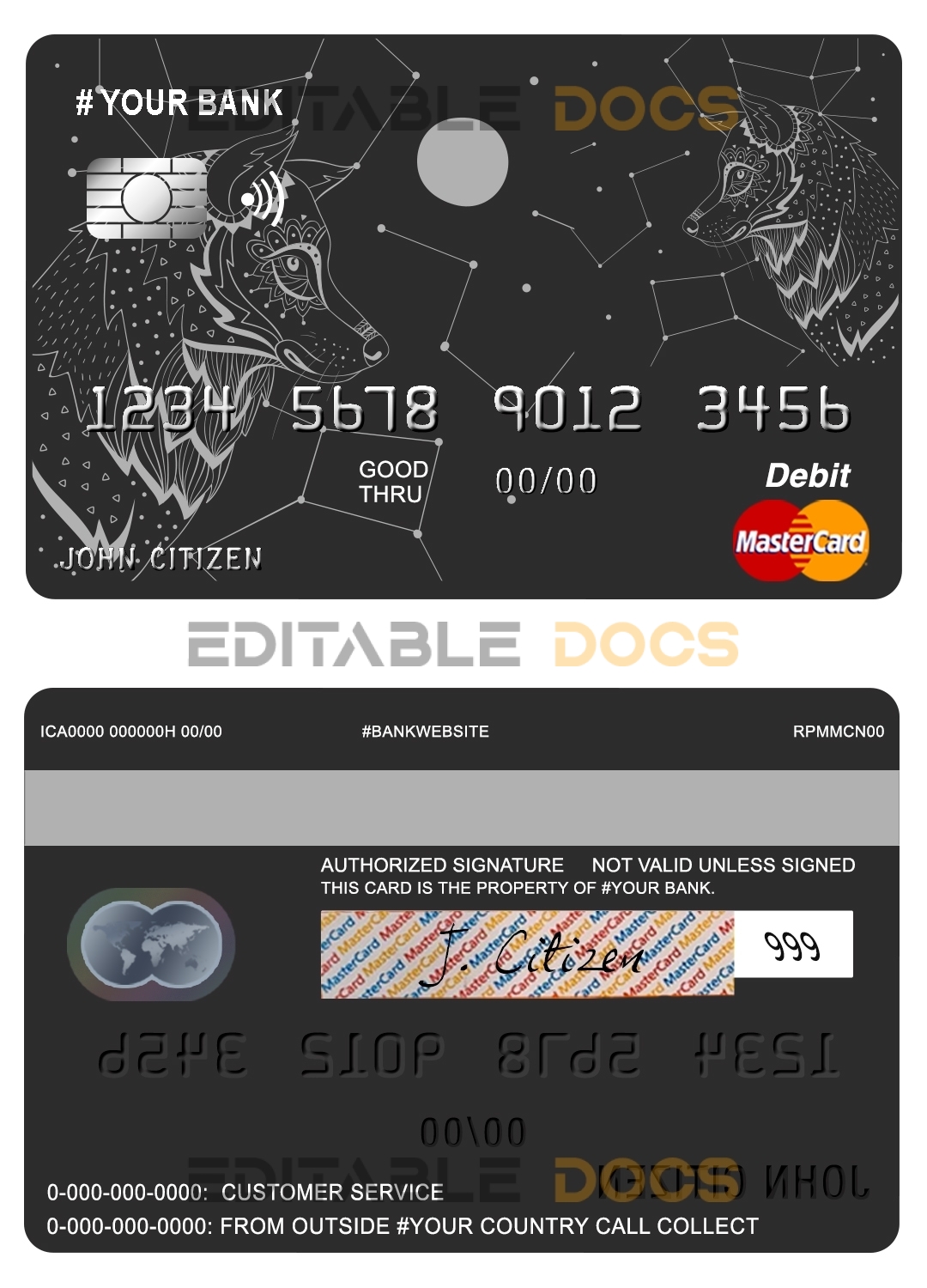 Editable galaxy wolf universal multipurpose bank mastercard debit credit card Templates in PSD Format