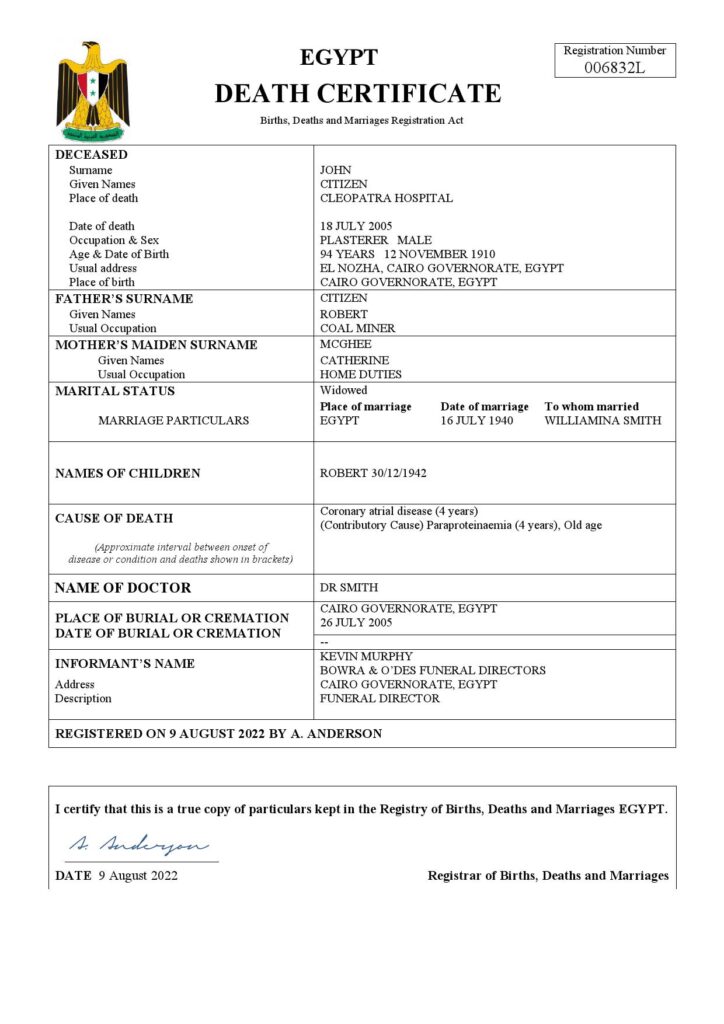 Egypt vital record death certificate Word and PDF template
