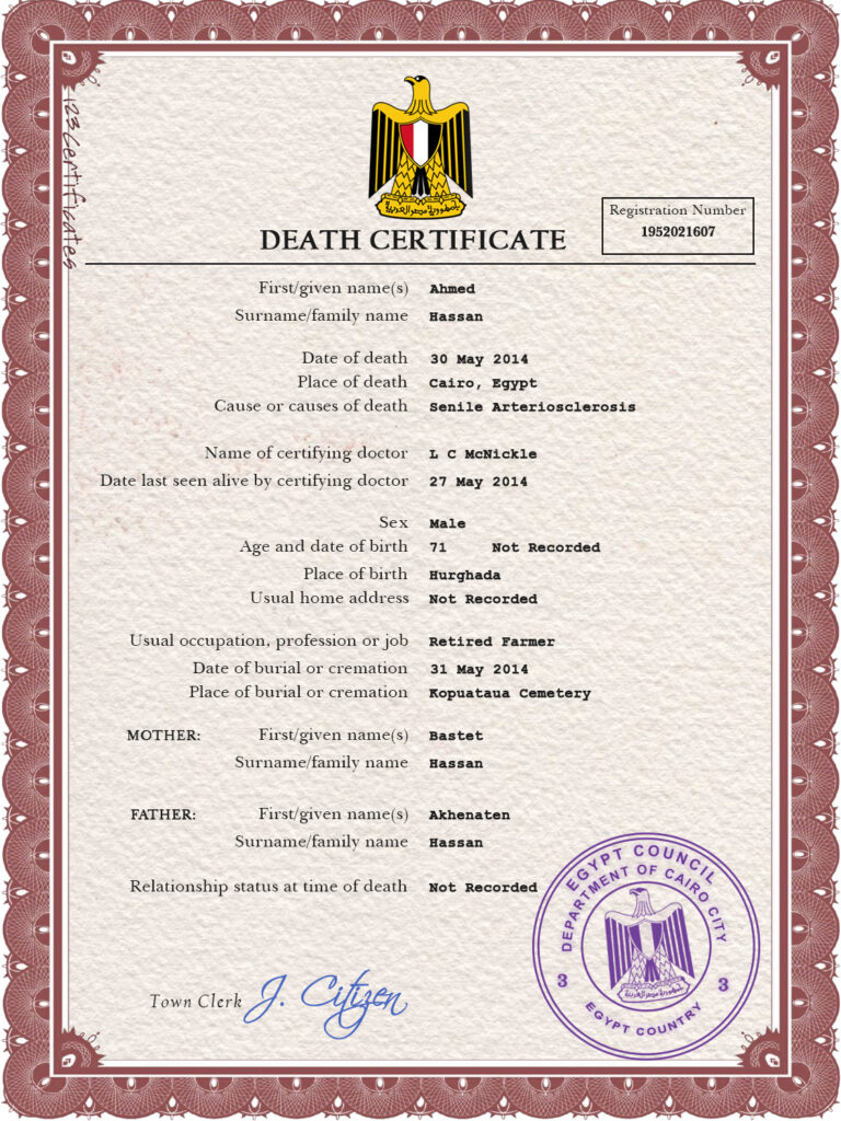 Egypt death certificate PSD template, completely editable