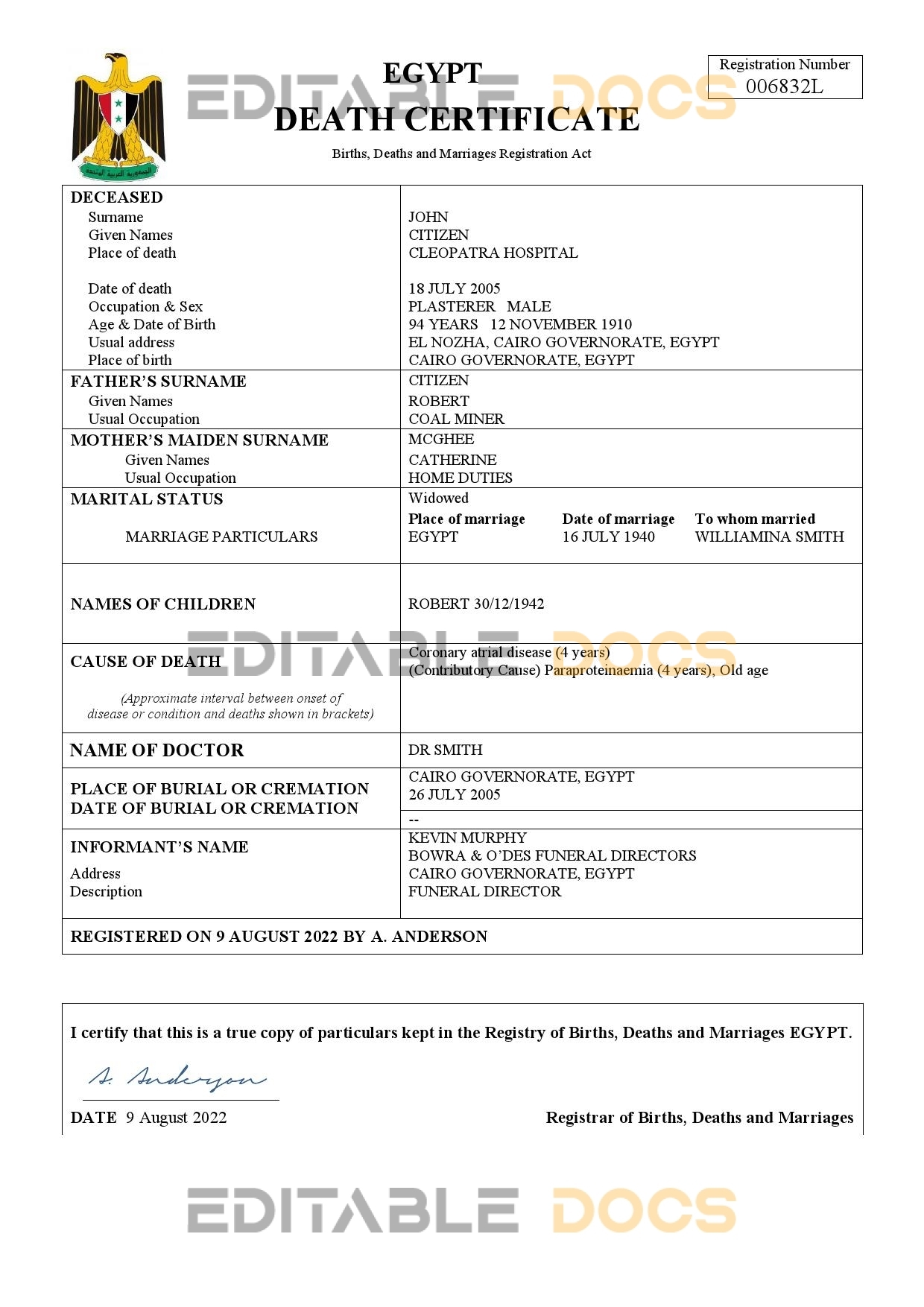 Fillable Egypt Death PDF Templates | Blank Docs