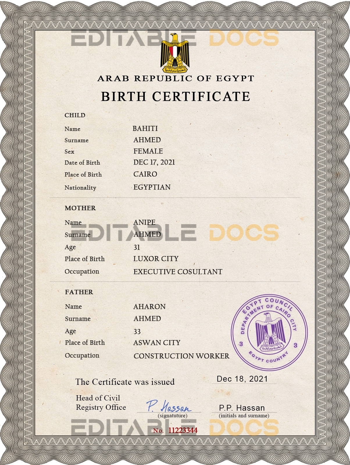 Authentic Egypt Birth Certificate Template | Customize and Download Online