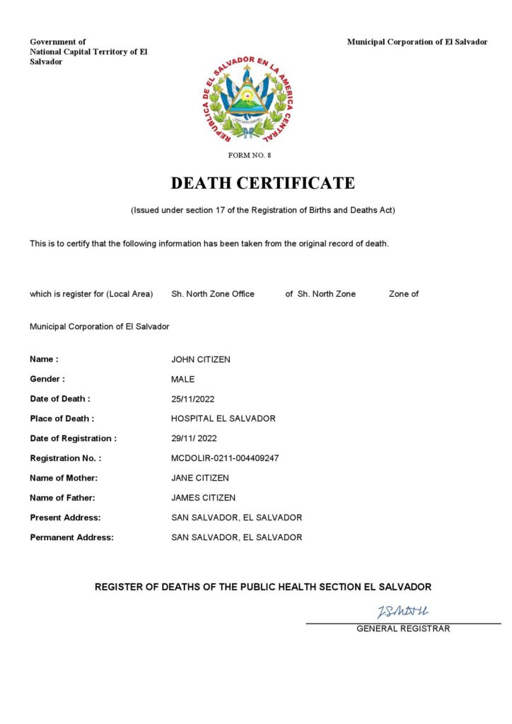 El Salvador vital record death certificate Word and PDF template